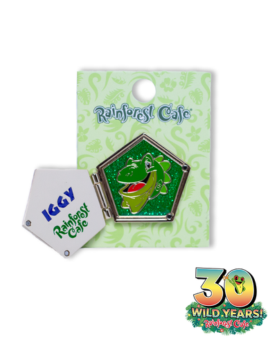 A collectible pin from Rainforest Cafe featuring ‘Iggy’, a cheerful green cartoon iguana, encased in a hexagonal frame. On left side, egraved reads ‘IGGY Rainforest Cafe’. The pin is set against a light green decorative card with ‘Rainforest Cafe’ written at the top, and the ‘30 WILD YEARS! Rainforest Cafe’ logo with a tree frog coming out the0.