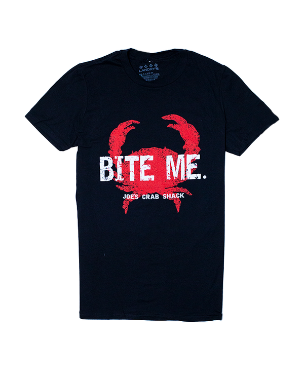 A black crewneck T-shirt with a crab graphic in the center and the text "BITE ME.", "JOE'S CRAB SHACK". The background is plain white.
