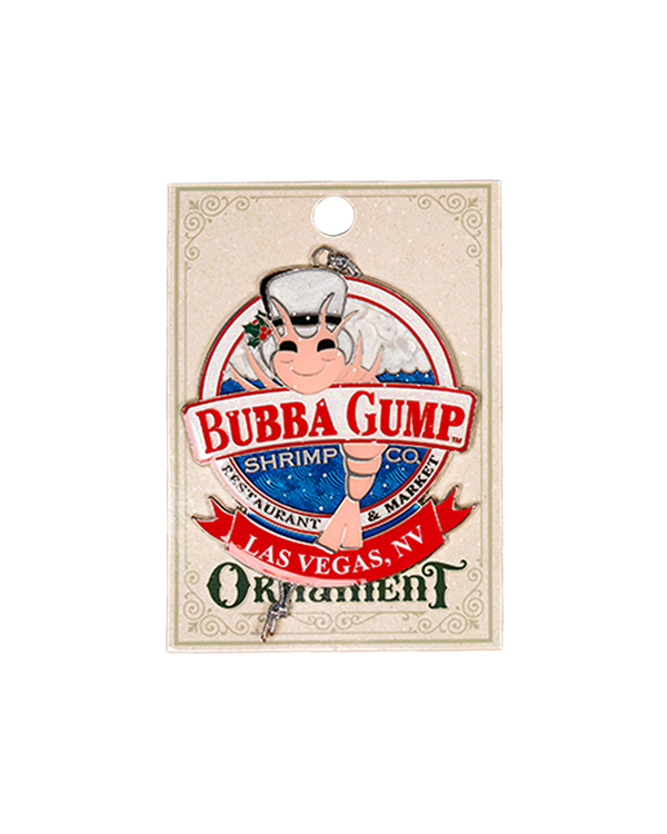 An ornament with the "Bubba Gump Shrimp Co." logo featuring a cartoon shrimp wearing a white hat and sunglasses. The ornament has a red banner at the bottom with 'SANTA LAS VEGAS, NV'. Displayed on beige a card labeled 'Ornament'. The background is plain white.