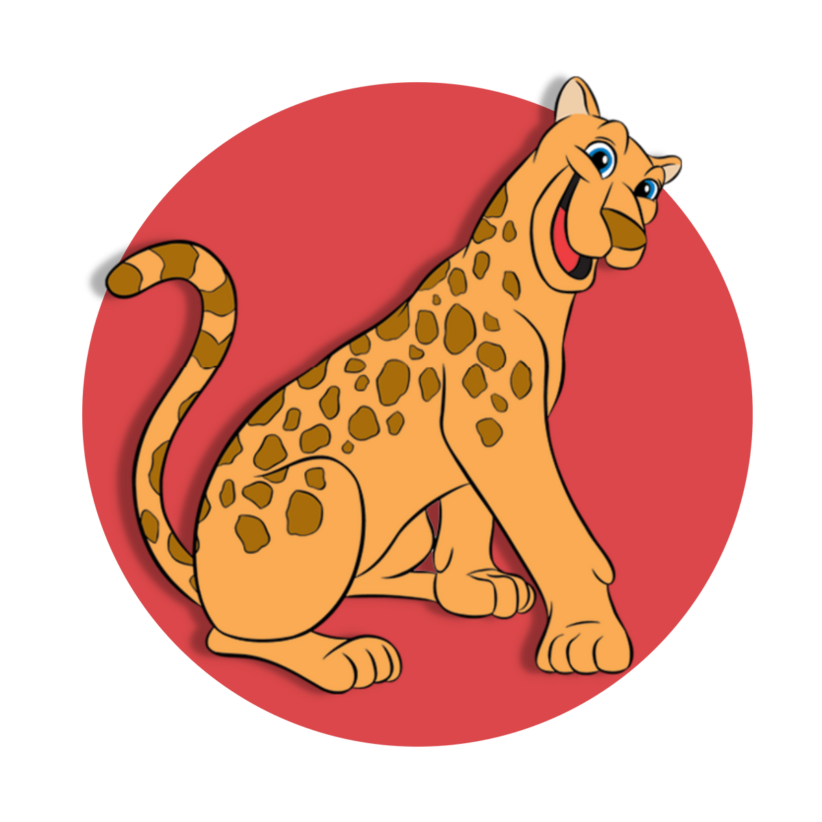 a cartoon illustration of a spotted leopard with a friendly expression. The leopard is sitting and shown in a side profile with its tail curled upwards, and its body is adorned with detailed spots. It’s set against a red circular background that highlights the leopard’s figure.