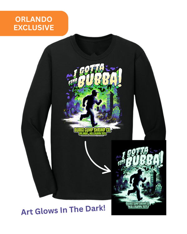 Black long-sleeve shirt with 'I Gotta Bubba!' graphic design, featuring a person running and text, on a light gray background.