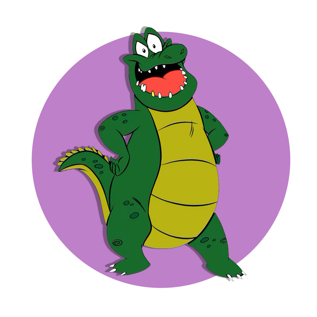 a cartoon alligator standing upright on two legs. It has a yellow underbelly and is set against a purple circular background. The alligator is detailed with prominent scales, sharp claws, and a friendly open-mouthed grin, showing its teeth.