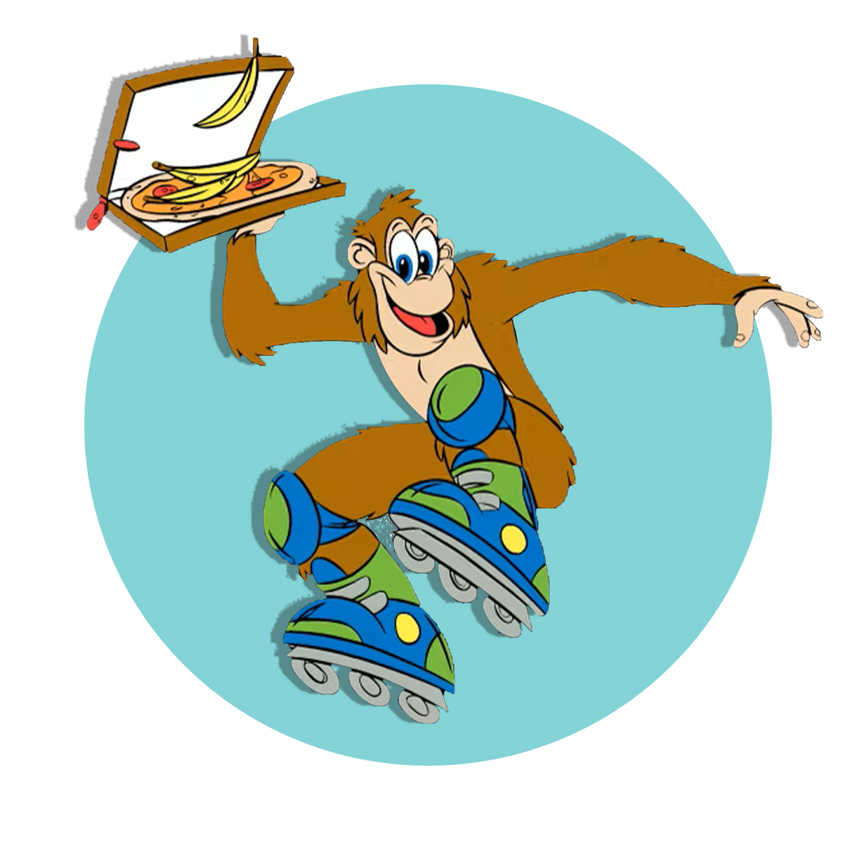 a whimsical illustration of a cheerful monkey on roller skates, holding a pizza with one slice partly out, which is placed on an artist’s palette. The background is a simple light blue circle.