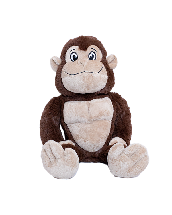 A brown gorilla plush with a smiley face, sitting against a white background.