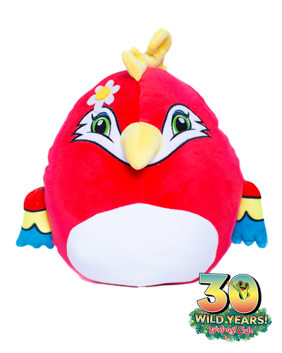 A colorful plush toy bird with a red body, white belly, and multicolored wings, featuring big cartoonish eyes and a flower decoration on its head. The toy celebrates ‘30 WILD YEARS!’ at the Rainforest Cafe, as indicated by the text and emblem at the bottom of the image.