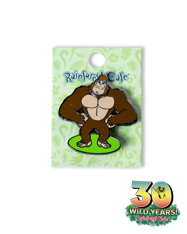 A collectible pin featuring a cartoonish gorilla named Bamba, standing with arms wide open, from Rainforest Cafe. The pin is attached to a decorative card that celebrates the cafe’s 30 wild years, with ‘Rainforest Cafe’ written in blue at the top and ‘30 WILD YEARS! Rainforest Cafe’ at the bottom with tree frog sticking out the 0.