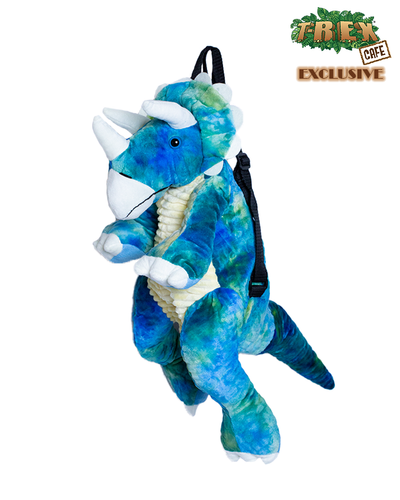 side angle of blue triceratops backpack