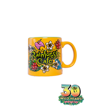 A vibrant yellow mug with a large handle, decorated with colorful tropical artwork including flowers, leaves, and a pink flower. The ‘Rainforest Cafe’ logo is prominently displayed in green letters outlined in blue, and below it, text and logos celebrate ‘30 WILD YEARS!’ of Rainforest Cafe .