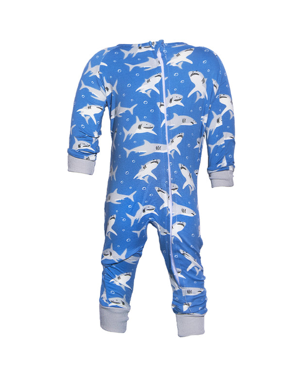 Light blue infant romper with cartoon shark pattern and white zipper.