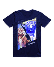 Youth Short Sleeve Tee Shirt black with colorful graphics of Bengal tiger, shown with glow-in-the-dark effect in action. 
