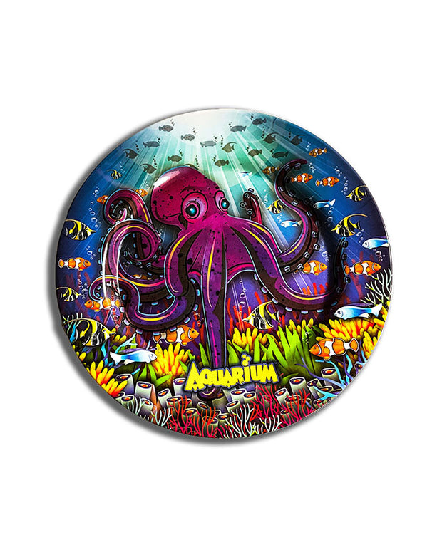 Vibrant-colored aquarium-themed plate decorated with purple octopus and yellow Aquarium logo at the bottom.