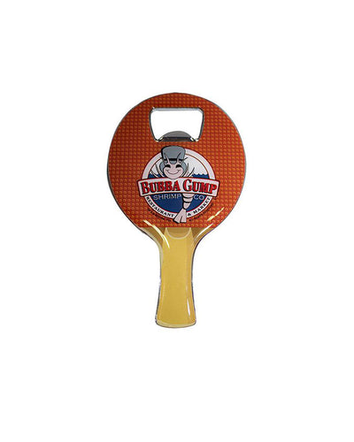 Bubba gump bottle opener in shape of a red ping pong paddle.