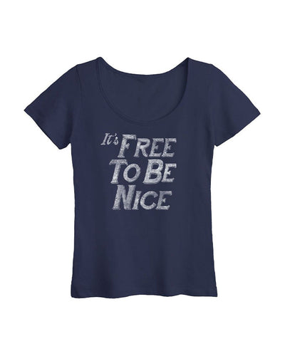 Navy blue tee with white distressed lettering that says "It's Free To Be Nice"