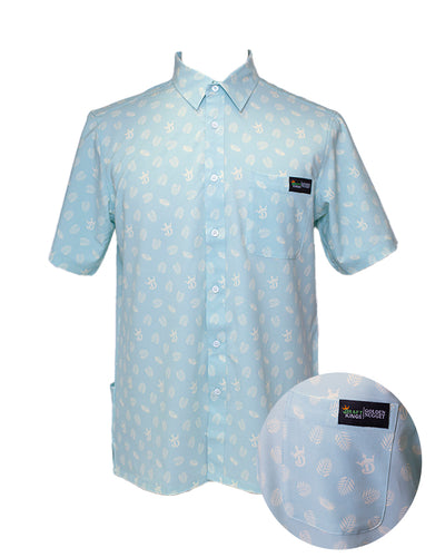 Light blue collared top with palm tree and Draft King crown white icons.