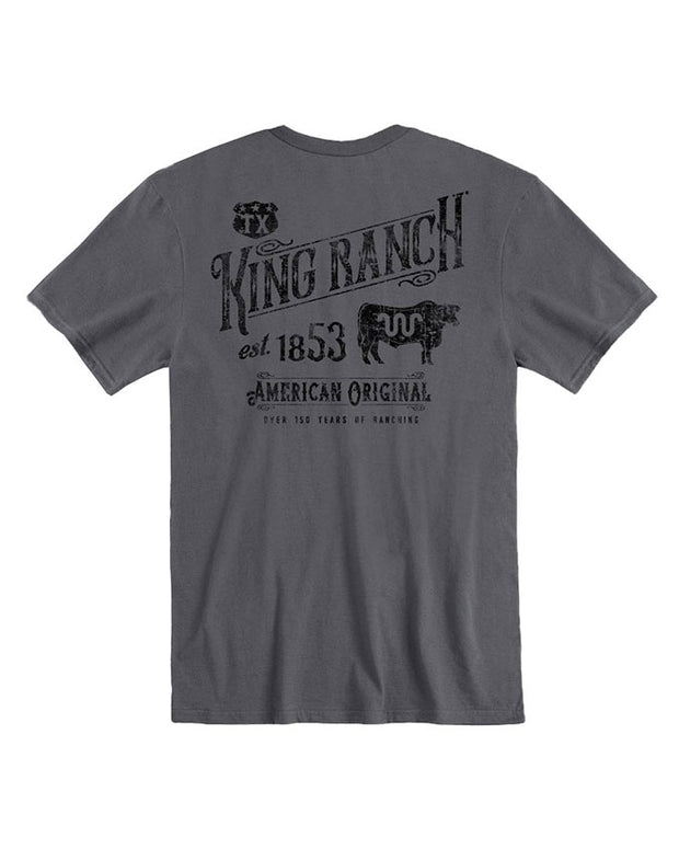 King Ranch Est 1853 short sleeve tee, Charcoal color , Material 100% ring spun cotton polyester blend, double needle sleeve and tear away label, Shirt has King Ranch, Tx logo, est. 1853, a cow with classic running w, American original, over 150 years of Ranching, back view of tee