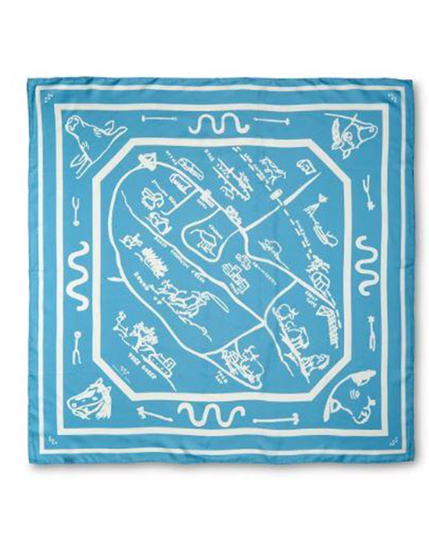 Light blue silk scarf with handdrawn map design in white in front  of white background.