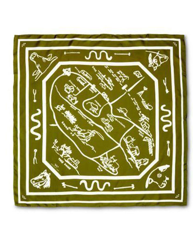 Olive green silk scarf with handdrawn map design in white in front  of white background.