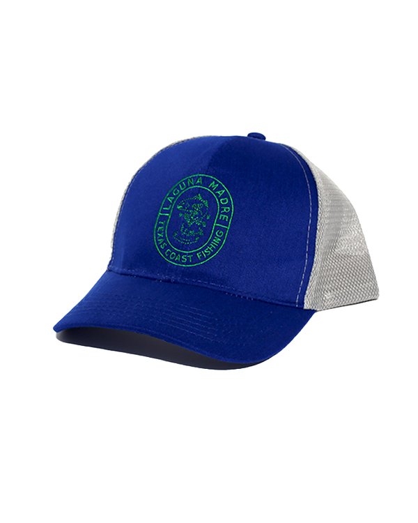 A baseball cap with white a mesh backing and "Laguna Madre Texas Coast Fishing" embroidered in green around an oval design with a fish in the center. The background is plain white.