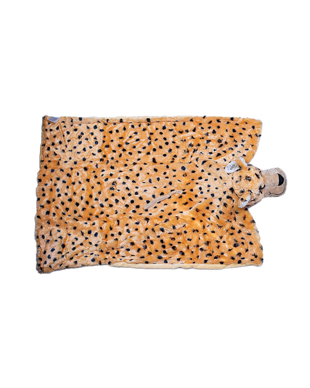 Top view of Maya the Jaguar plush blanket spread open in front of white background.
