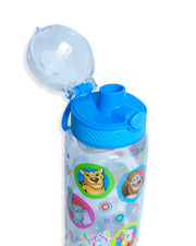 Opened Rainforest Cafe Blue Character Water Bottle with a purple and clear push-button lid.