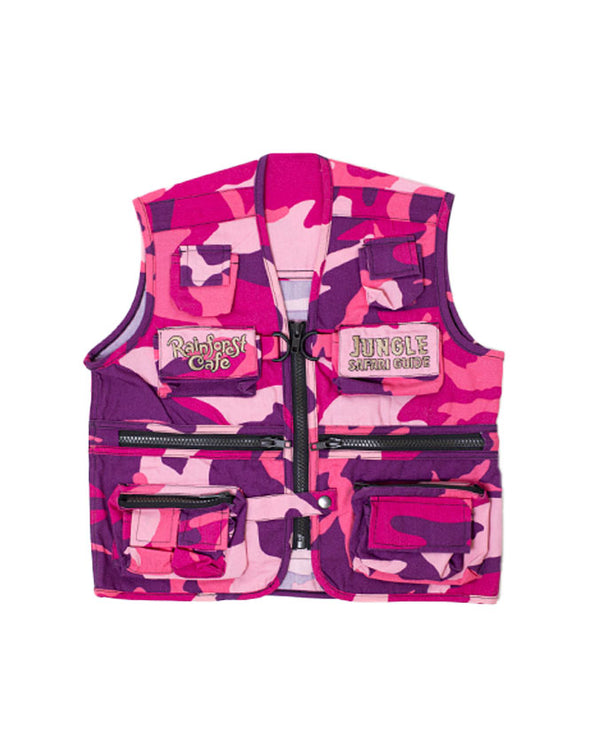 A pink camouflage vest with a zipper down the front, two waist zipper openings, and 4 pockets, including "RAINFOREST CAFE" and "JUNGLE SAFARI GUIDE" on each chest pocket. The background is plain white.