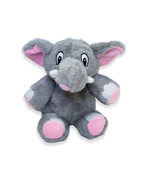 An elephant plush toy with big ears sitting in front of a white backdrop.