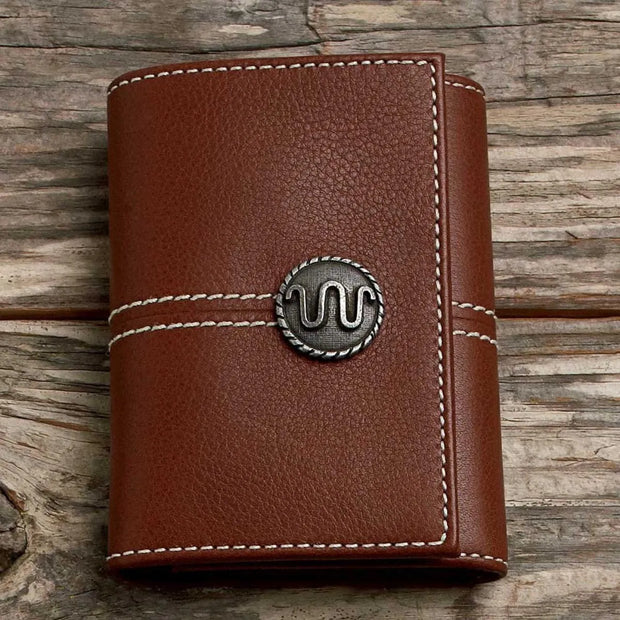 dark brown, leather wallet with white stich lining. on top, center is a metal running w emblem.