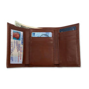 open view of tri-fold wallet. left side has a window for drivers license, middle and right have 4 card inserts.
