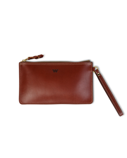 A sleek brown leather clutch with a wrist strap, featuring a subtle embossed logo on the front and a gold-colored metal clasp, set against a white background.