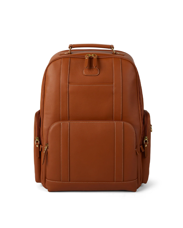 A stylish light brown leather backpack with multiple compartments, detailed stitching, and gold zippers, set against a white background, combining functionality with elegance.