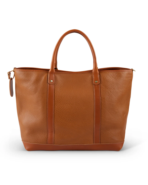 Back View. A stylish brown leather tote bag with a textured surface and two handles, featuring a small hanging tag, displayed against a white background. The bag showcases elegant craftsmanship with visible stitching and metallic attachments, offering a spacious and open top design suitable for various uses.