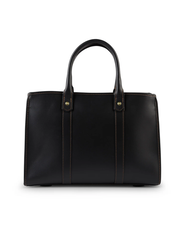 back view A sleek black leather handbag with sturdy handles, detailed stitching, and metallic accents, presented against a clean white background, exuding sophistication and style.