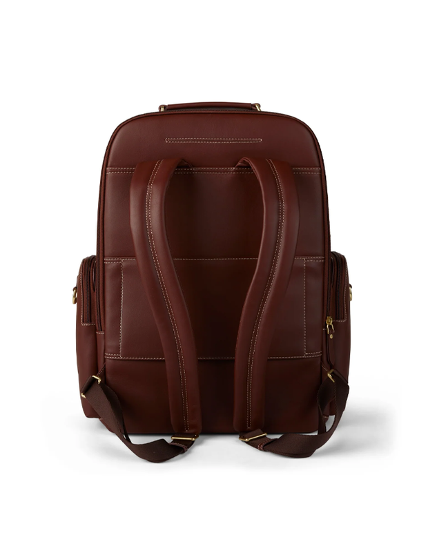 back view of A brown leather backpack with adjustable straps and a top handle, featuring side zippers for additional compartments, set against a white background, highlighting its practical design and fine craftsmanship.