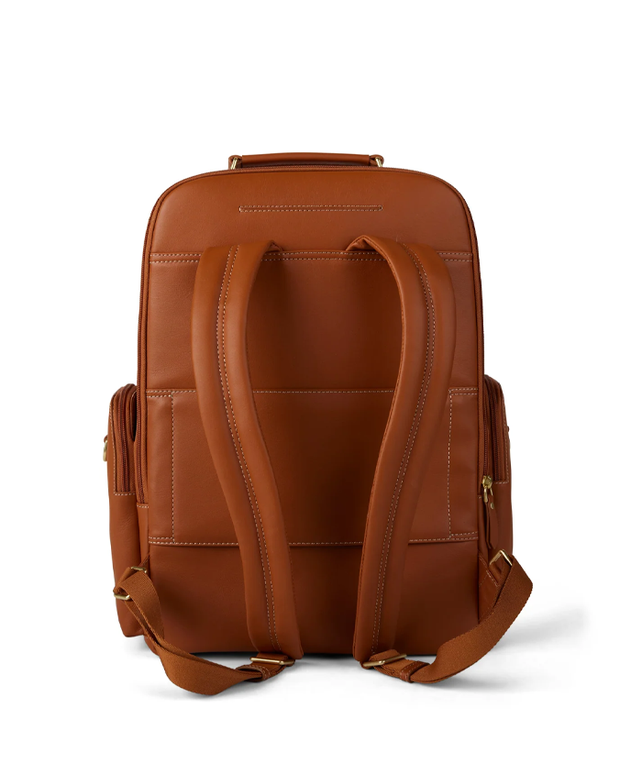 back view of A light brown leather backpack with adjustable straps and a top handle, featuring side zippers for additional compartments, set against a white background, highlighting its practical design and fine craftsmanship.