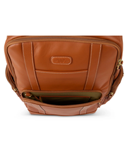 A close-up view of a light brown leather handbag showcasing detailed stitching, a central brand label, and a partially open zipper that reveals a green interior lining, complemented by gold-toned hardware.