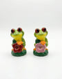 Two ceramic frog figurines with flowers on a white background