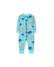 A playful children’s onesie featuring a pattern of blue whales and orange seahorse, pink octopus and corals on a light blue background. The onesie has a zipper front closure for easy wear