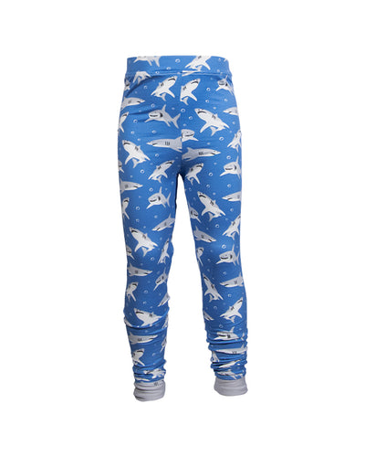 A pair of blue jogger pants with a white shark pattern, displayed against a white background.  The jogger pants feature a dynamic pattern of white sharks on a blue background.