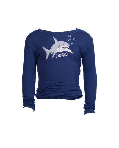 A blue long-sleeve shirt with a grey graphic of a shark, four bubbles and the word ‘JAWSOME!’ printed on it