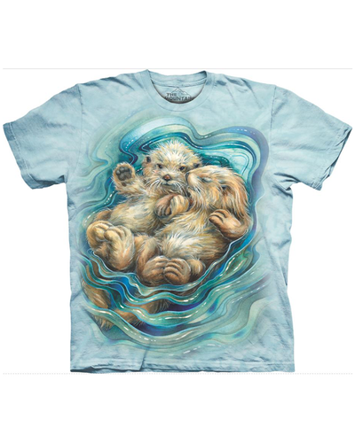 The central design on the shirt showcases two realistic otters, contently floating on their back, surrounded by swirling water patterns.