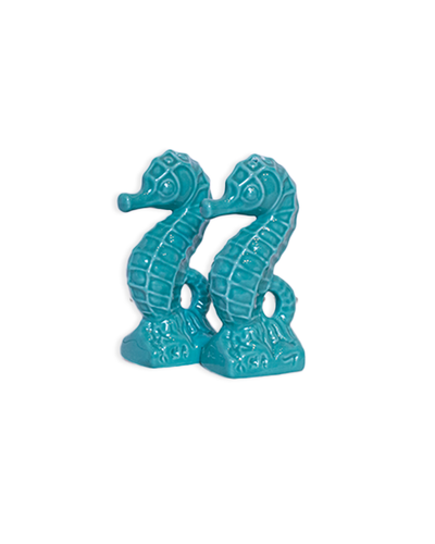 two, blue seahorse shakers facing to the left.