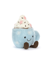Plush toy resembling a hot chocolate with whipped cream on a white background