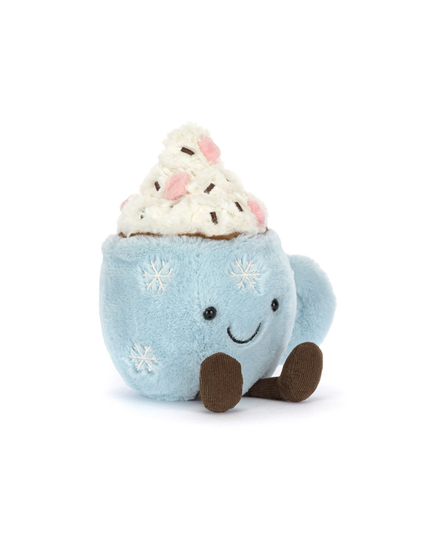 Plush toy resembling a hot chocolate with whipped cream on a white background