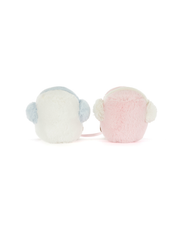 Back view of two marshmallow plush toys, one pink and one white, with brown feet, earmuffs on and on a white background