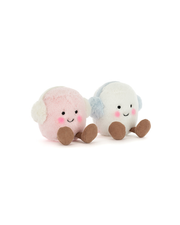 Two marshmallow plush toys, one pink and one white, with brown feet, earmuffs on and on a white background
