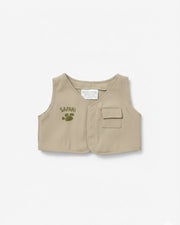 Beige vest with 'SAFARI' and paw print design on a white background