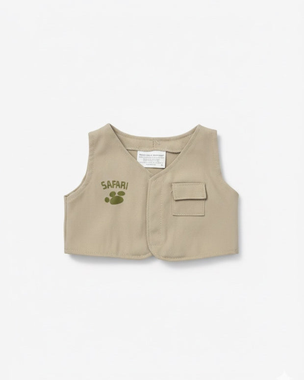 Beige vest with 'SAFARI' and paw print design on a white background
