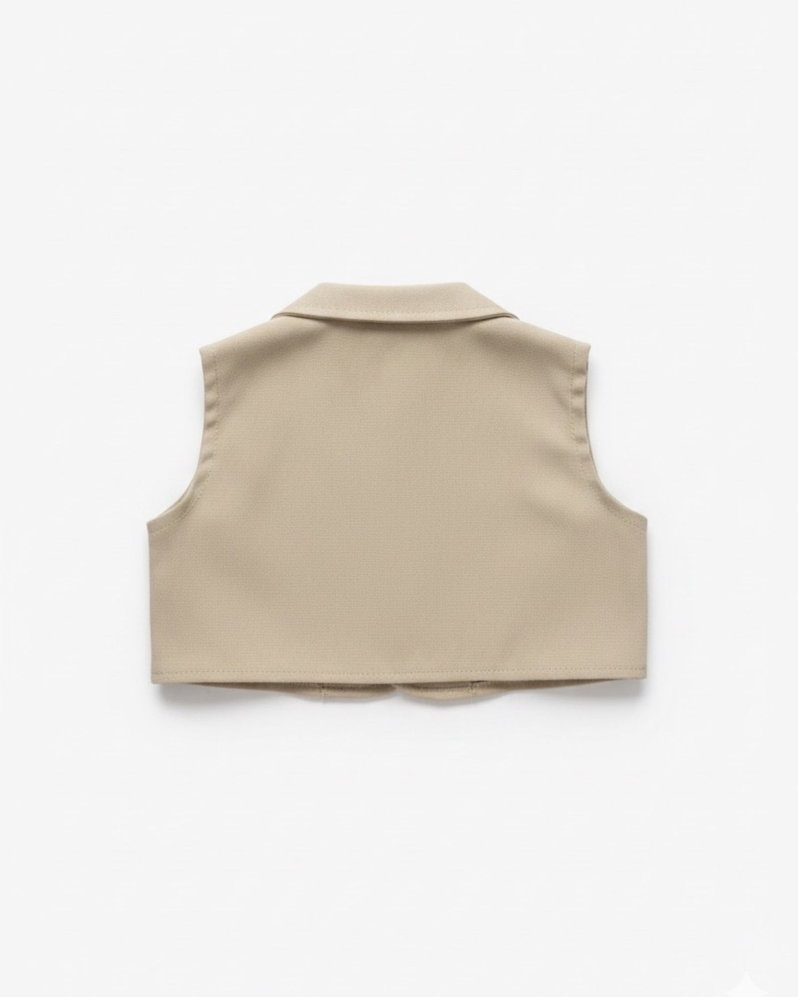 Back view of a beige sleeveless vest on a white background