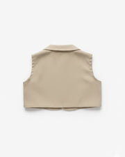 Back view of a beige sleeveless vest on a white background