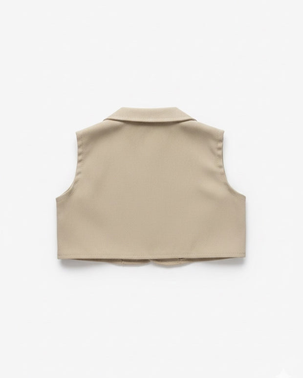 Back view of a beige sleeveless vest on a white background
